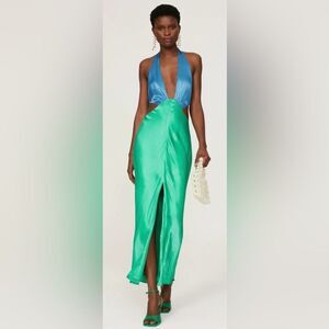 San Sloane 100% viscose Blue and Green Plunge Halter Dress, M
